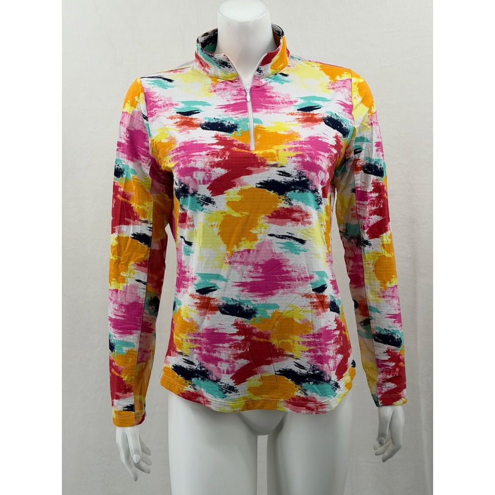 IBKUL Top Womens Medium Pink Colorful Abstract‎ UPF 50 1/4 Zip Pullover Golf